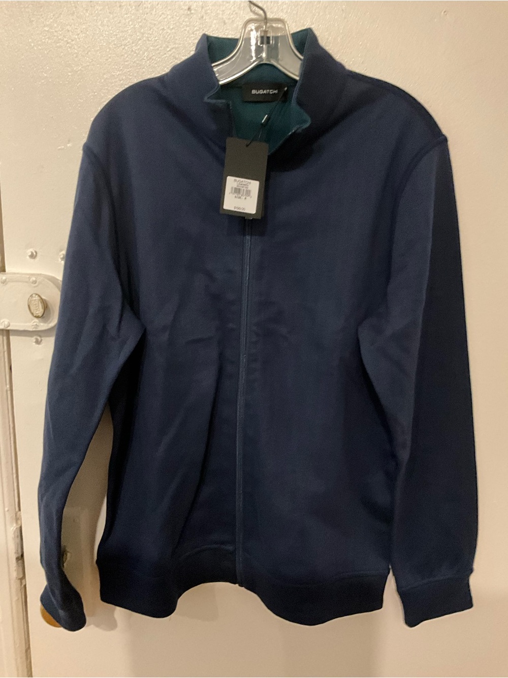 Bugatchi Navy Full-Zip Sweater Jacket with Contrast Green Inner Collar